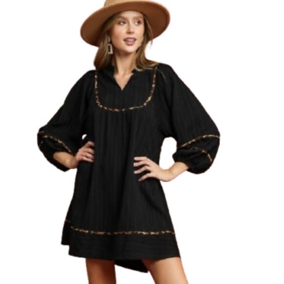 Umgee USA Umgee Ribbed Oversized Babydoll Dress Leopard Trim Sz  Md [6/8] - Picture 1 of 12